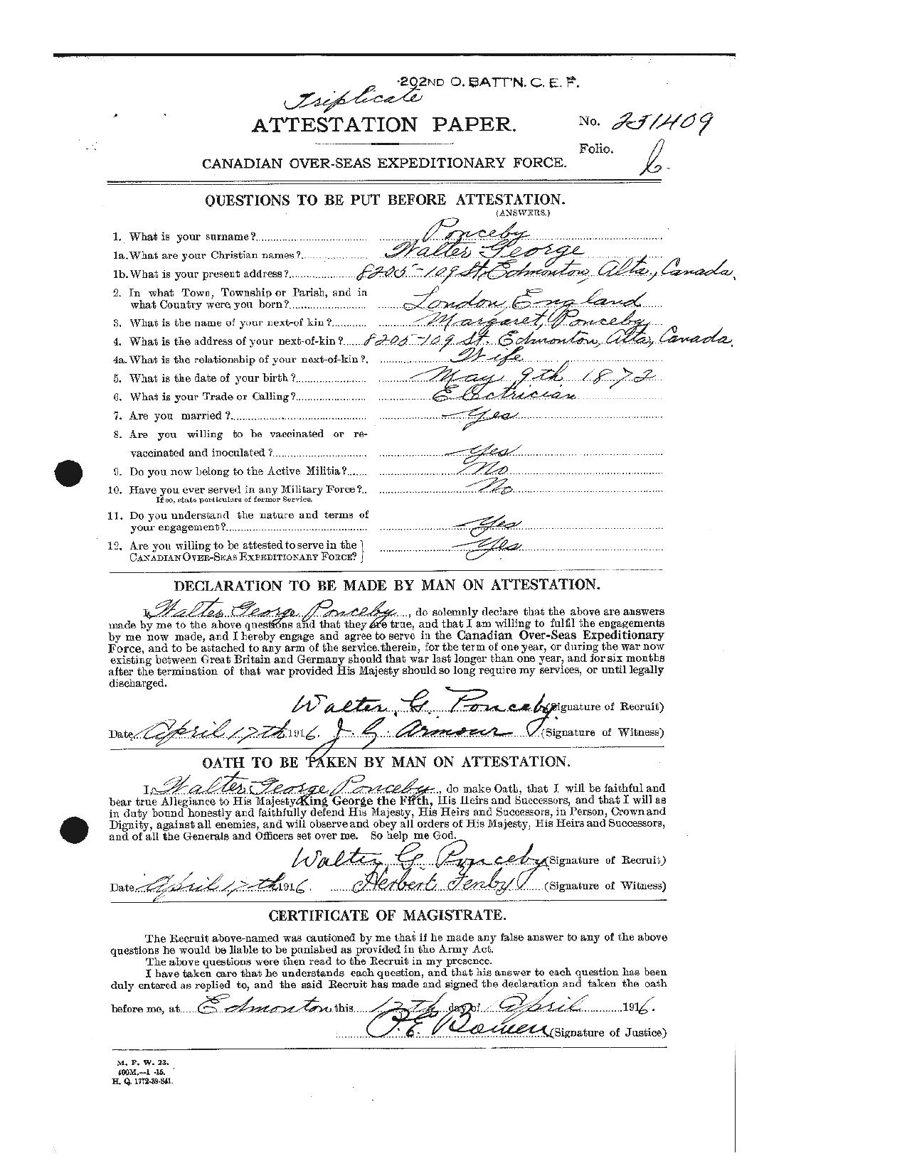 First page preview of attestation-paper-walter-george-ponceby-1916.pdf