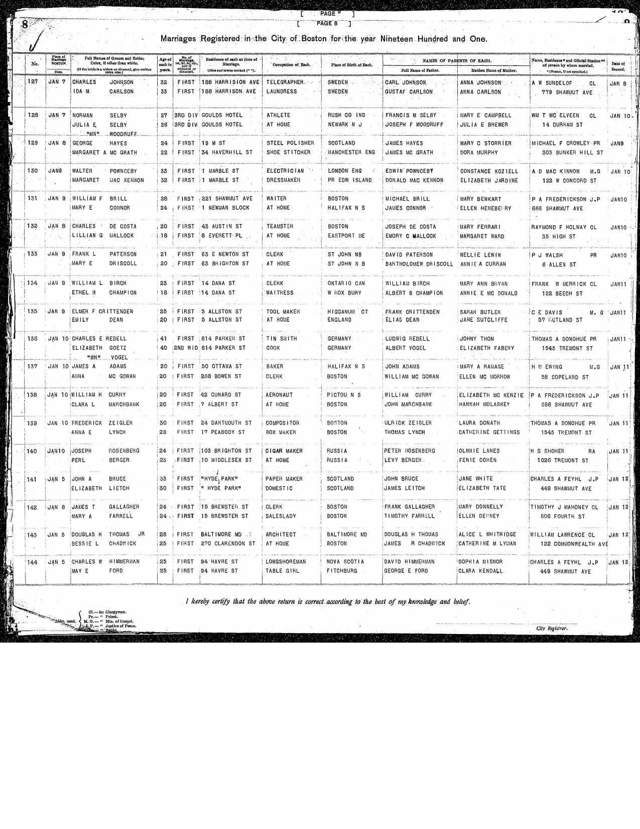 First page preview of boston-marriage-register-entry-for-walter-pownceby-and-margaret-mac-kennon-original-with-citation.pdf