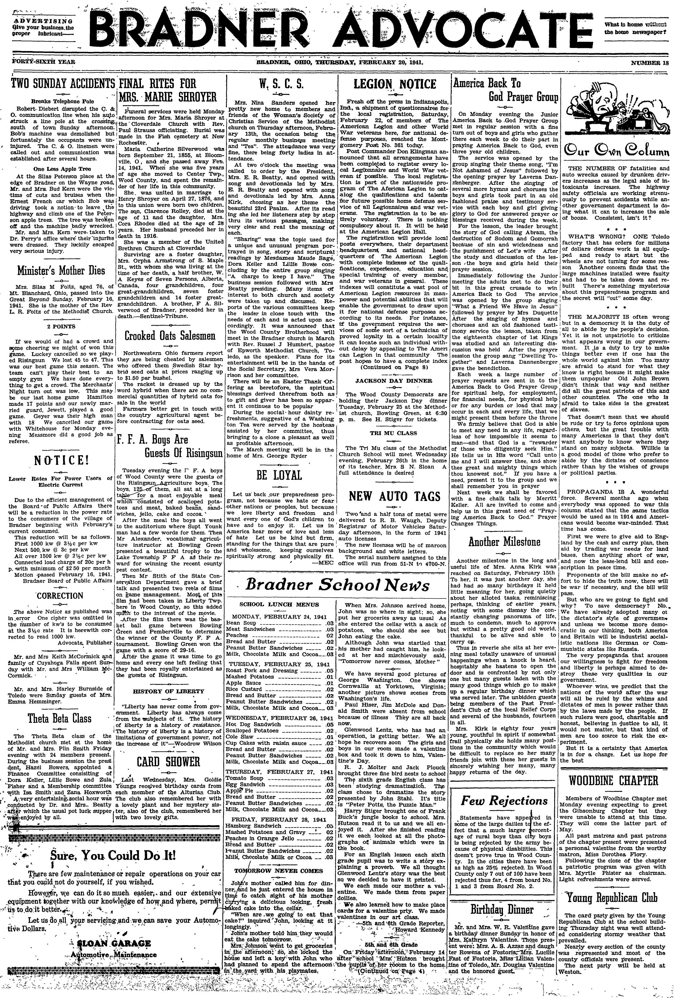 First page preview of bradner-advocate-obituary-for-mrs-kate-schroyer-naming-orpha-armstrong-1941.pdf