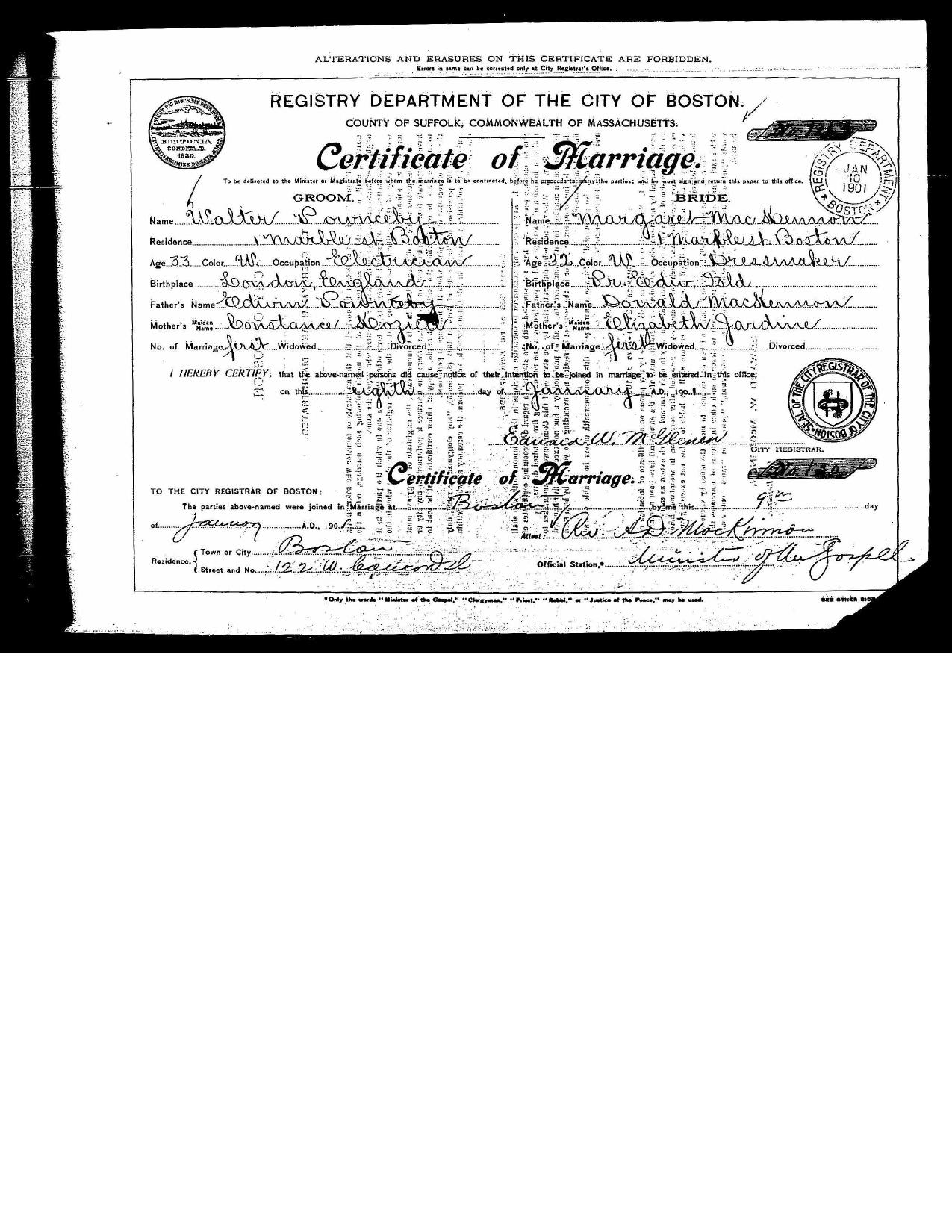 First page preview of marriage-record-for-walter-pownceby-and-margaret-mac-kennon-original-with-citation.pdf