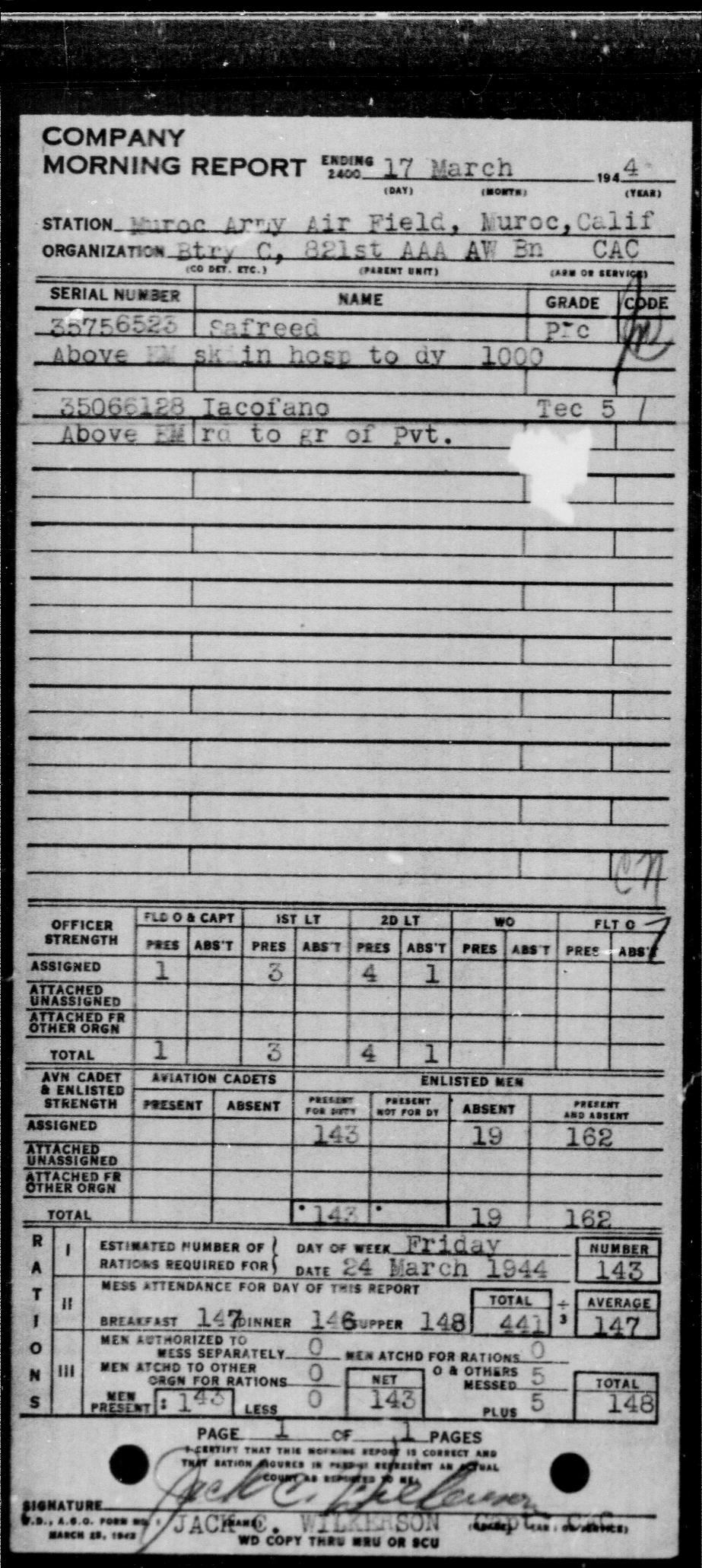 First page preview of nara-muroc-camp-haan-821st-aaa-aw-bn-morning-report-pages-for-arthur-j-iacofano-1944.pdf
