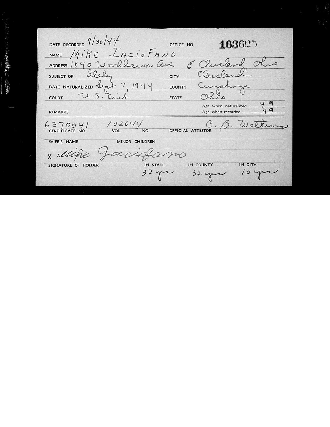 First page preview of naturalization-card-for-mike-iaciofano-1944.pdf
