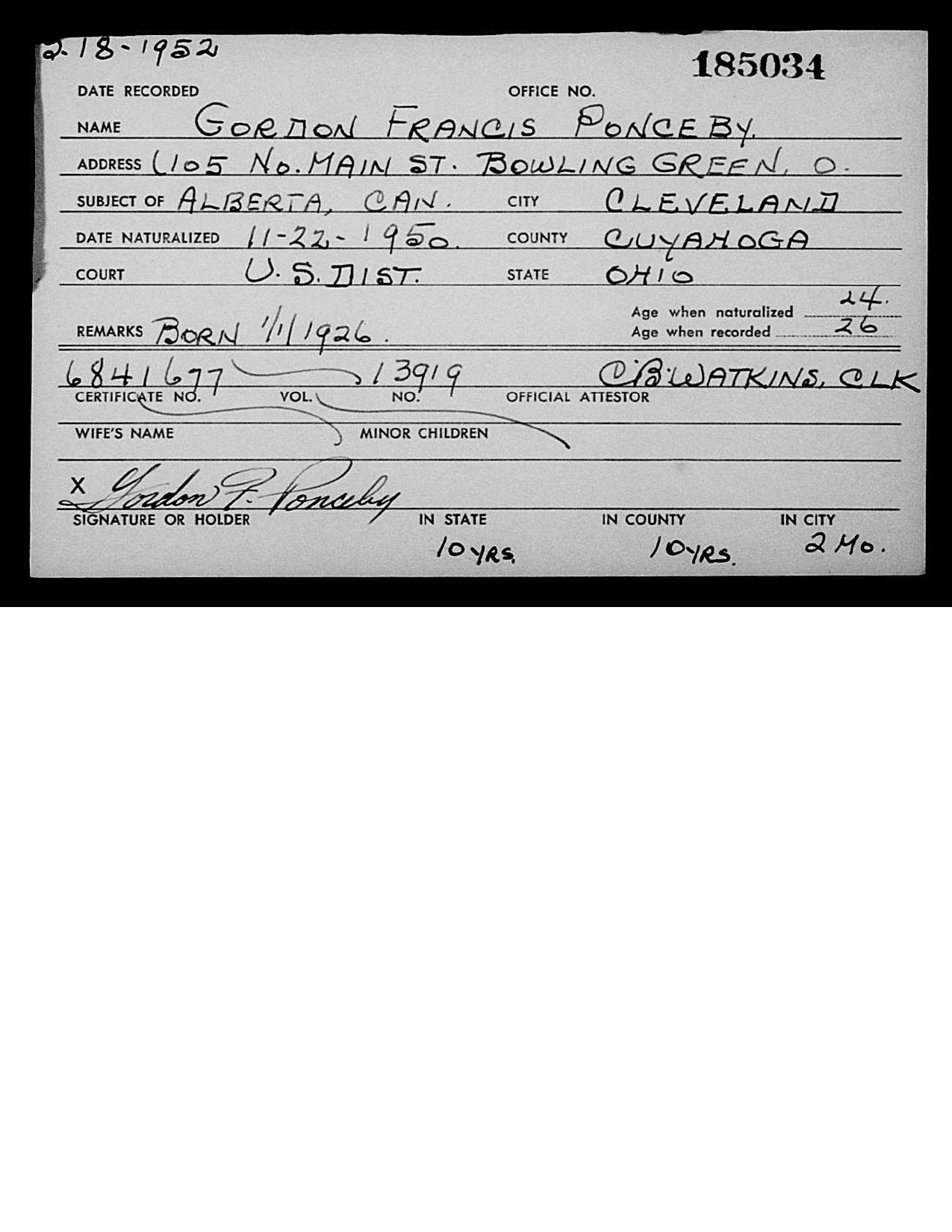 First page preview of naturalization-card-gordon-francis-ponceby-1952-original-with-citation.pdf