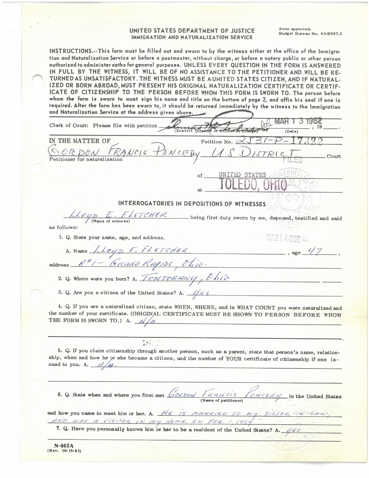 First page preview of naturalization-petition-gordon-francis-ponceby-1962.pdf