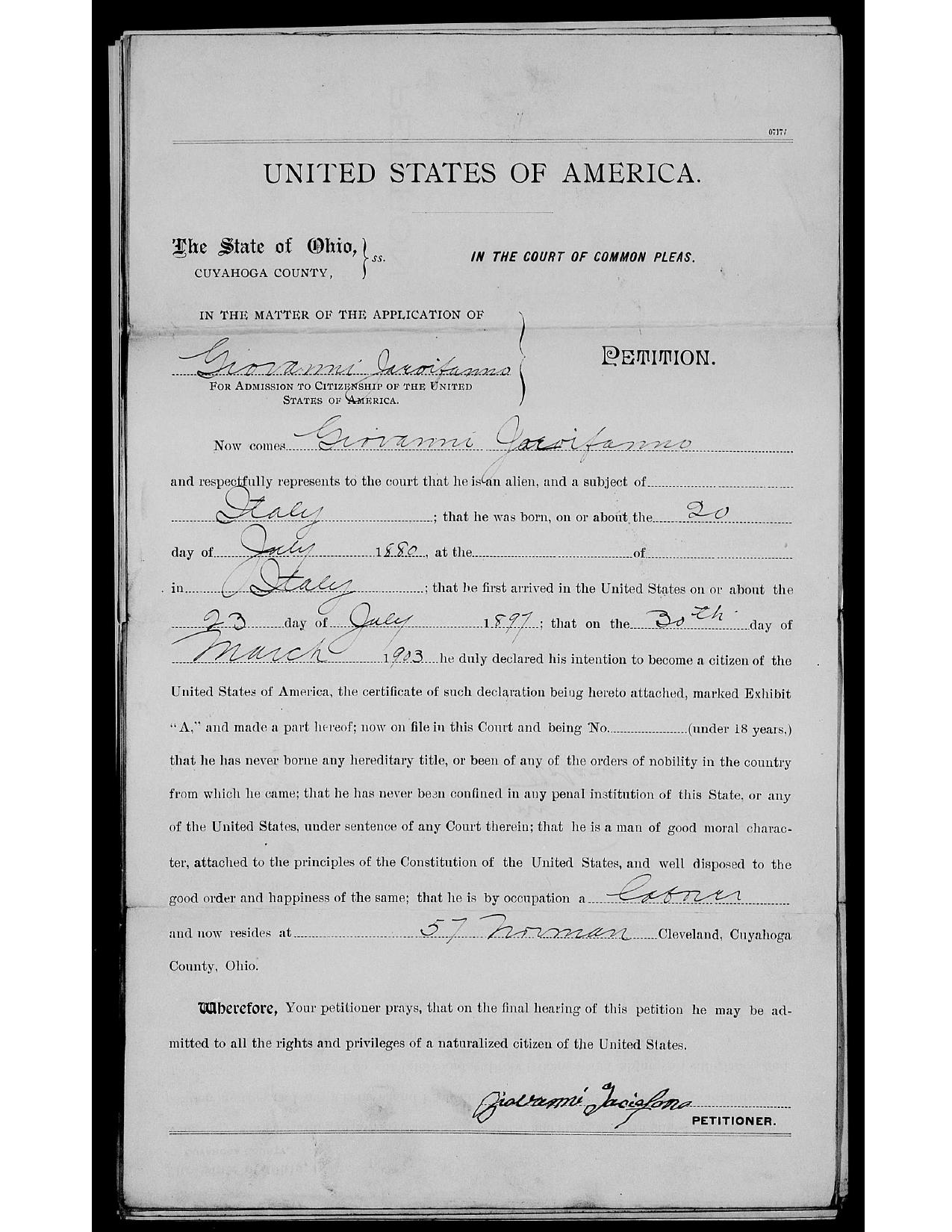 First page preview of petition-for-naturalization-for-giovanni-jaciofano-cleveland-1903-cleaned.pdf